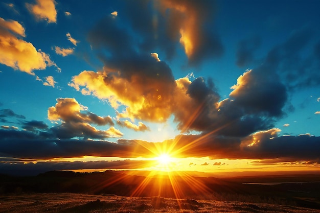 Sunset over the meadow with clouds and sun in the sky