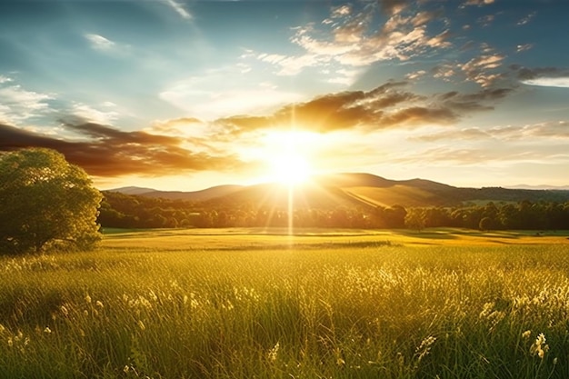 Sunset over a meadow with grass and trees in the background