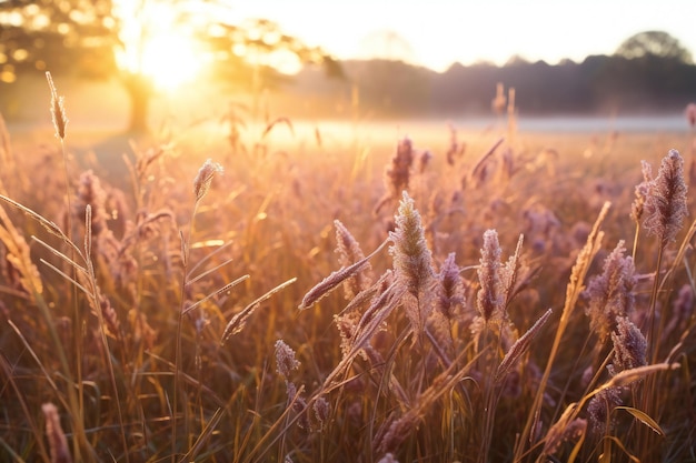 Sunset in the meadow with grasses and dew drops