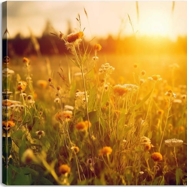 Sunset over a meadow with sunflowers and grass