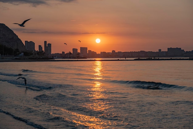 Sunset over the Mediterranean Sea in the city of Alicante Spain