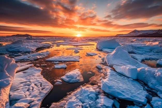 Sunset over a melting ice highlighting the impact of climate change on polar regions