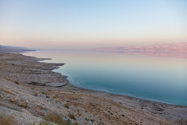 Sunset minimalistic landscape view on a Dead Sea coastline in Israel