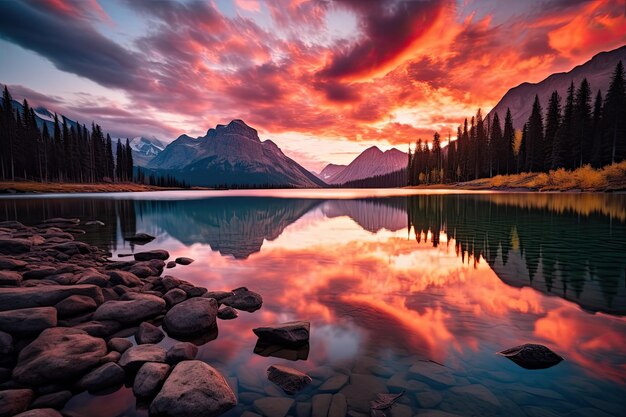 Foto il tramonto sul lago moraine nel parco nazionale di banff alberta canada generato da ai