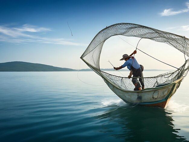 Sunset morning fisherman in the morning with wooden boats old lanterns and nets