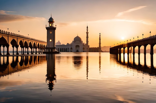 Sunset over a mosque with a bridge in the foreground