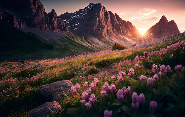 Sunset Mountain Field of Flowers Generative AI