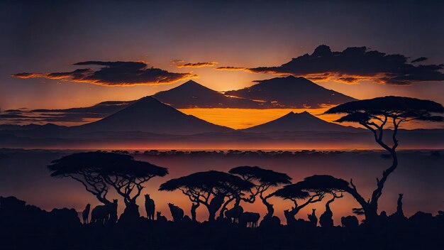 Photo sunset at mountain kilimanjaro tanzania and kenya travel summer holiday vacation idea concept