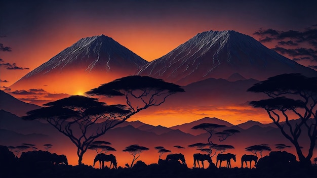 Photo sunset at mountain kilimanjaro tanzania and kenya travel summer holiday vacation idea concept