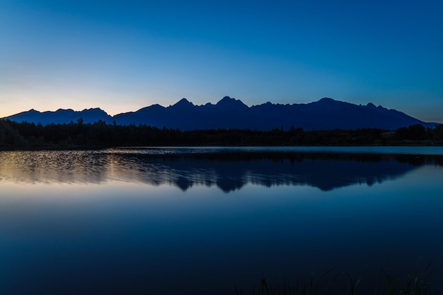 山の湖と背景のタトラ山に沈む夕日