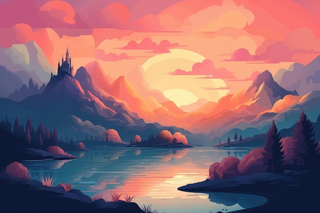 Sunset over a mountain lake with a castle on the horizon