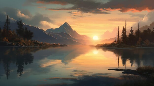 A sunset over a mountain lake with mountains in the background