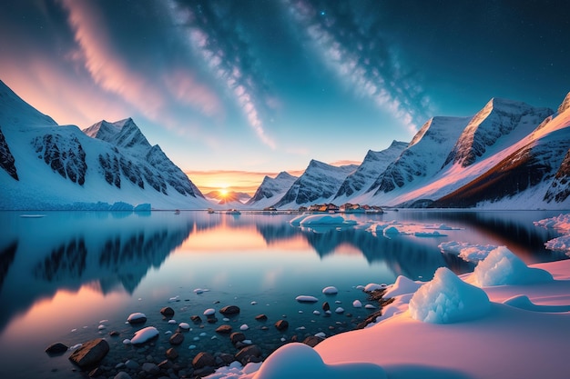 A sunset over a mountain lake with mountains in the background