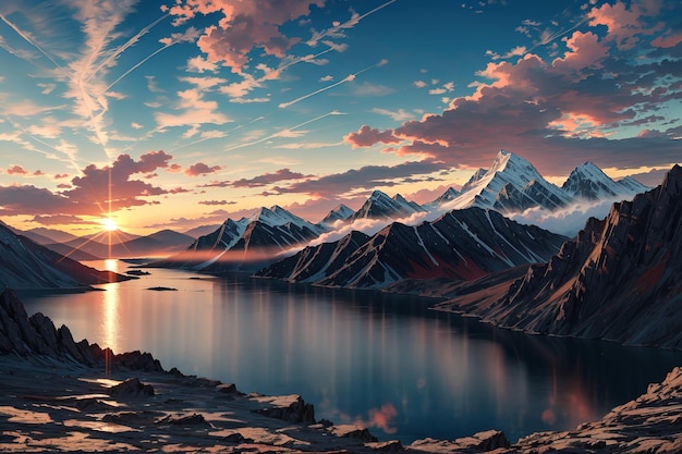 A sunset over a mountain lake with mountains in the background