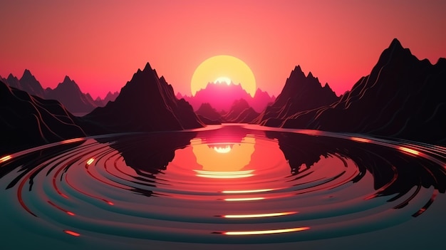 A sunset over a mountain lake with mountains in the background.