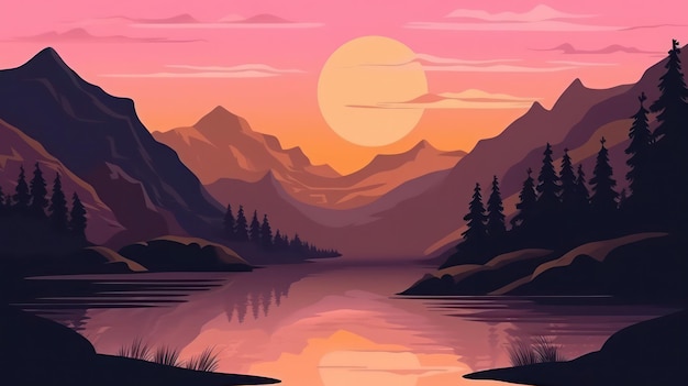 Photo a sunset over a mountain lake with a pink sky and the sun setting over the mountains.