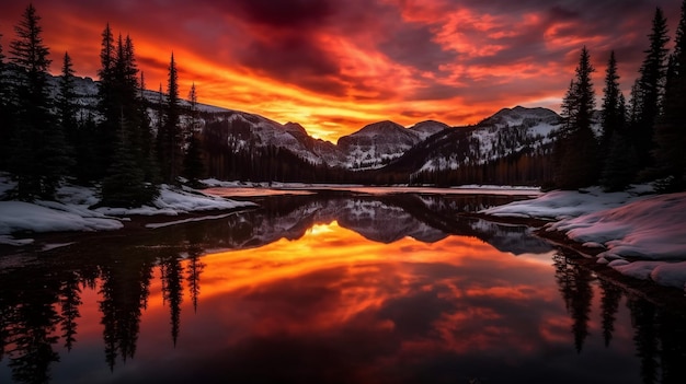 A sunset over a mountain lake with snow covered mountains in the background.