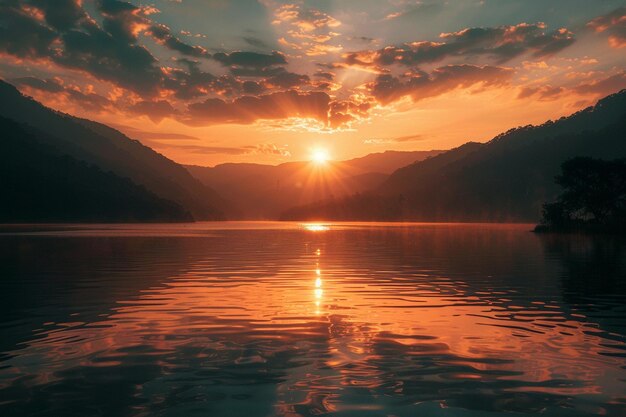 sunset over a mountain lake with the sun setting over the mountains