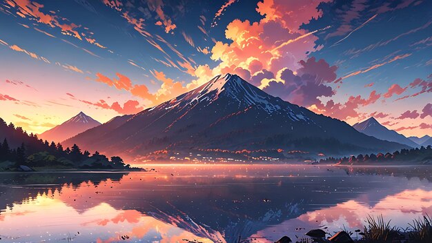 Photo a sunset over a mountain lake