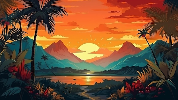 Sunset and mountain landscape illustration