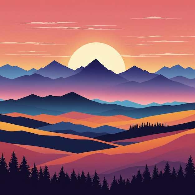 Sunset mountain landscape silhouette flat illustration