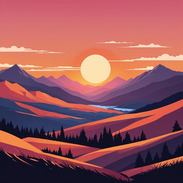 Sunset mountain landscape silhouette flat illustration