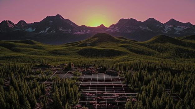 Photo a sunset over a mountain landscape with a mountain in the background.