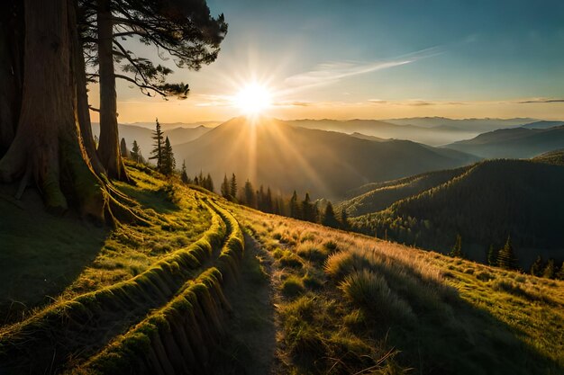 a sunset over a mountain landscape