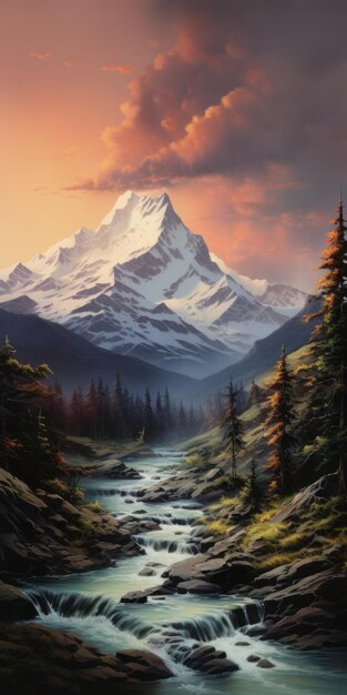 Photo sunset mountain painting in 2d game art style