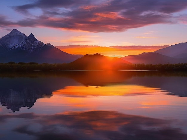 Sunset over the mountain range reflecting on tranquil water