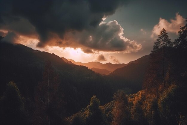 A sunset over a mountain range with a dark sky and clouds