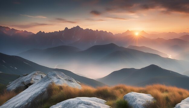 a sunset over a mountain range with a mountain range in the background