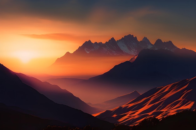 A sunset over a mountain range with a sunset in the background.