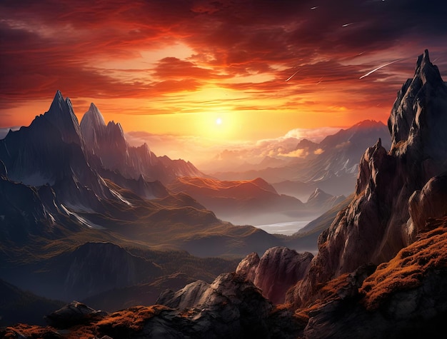 Photo a sunset over a mountain range with a sunset in the background