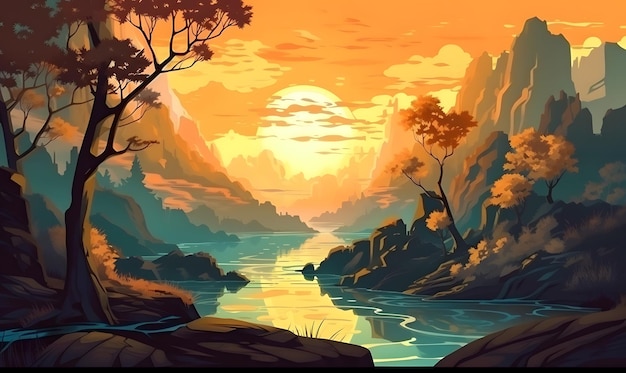 Sunset over a mountain river with a mountain and a lake.