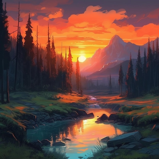 Sunset over a mountain stream with a mountain in the background