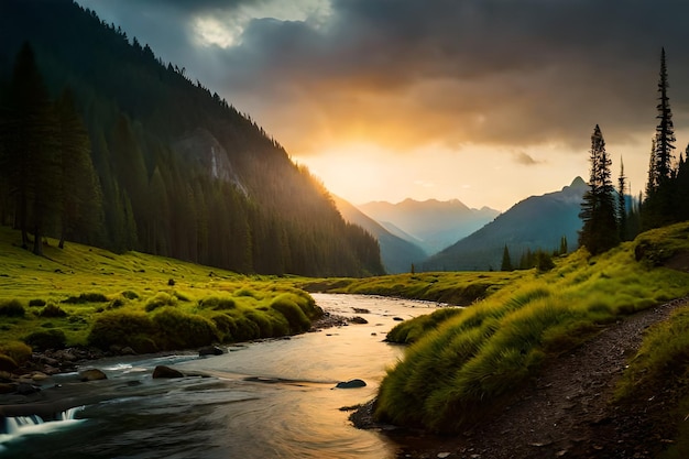 a sunset over a mountain stream