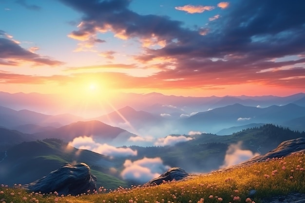 a sunset over a mountain valley with a mountain landscape and a sunset.