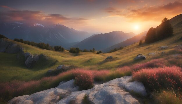 Photo a sunset over a mountain valley with mountains in the background