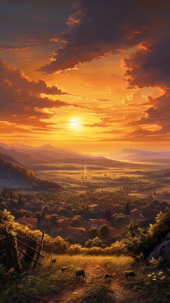 Photo sunset over a mountain valley with a sunset and mountains in the background
