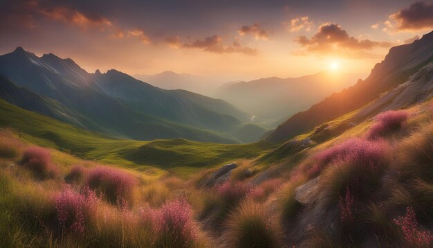 Photo sunset over a mountain valley