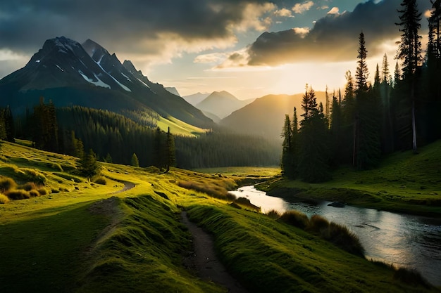 a sunset over a mountain valley