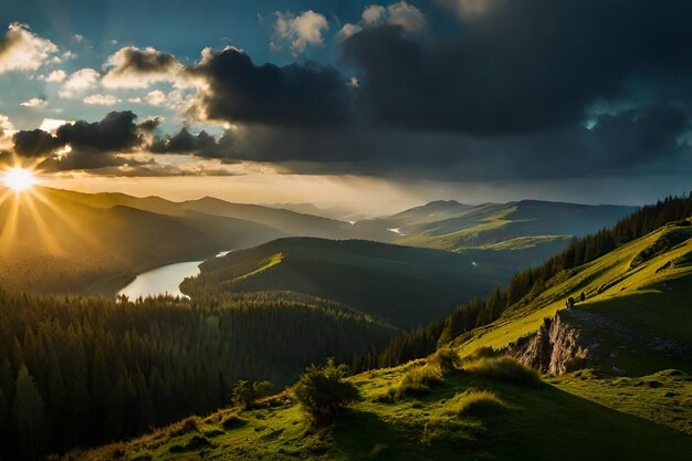 a sunset over a mountain with a lake and mountains in the background.