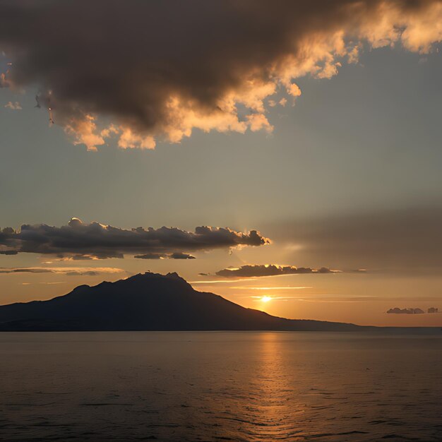 a sunset over a mountain with a mountain in the background