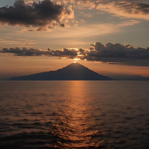 a sunset over a mountain with the sun setting behind it