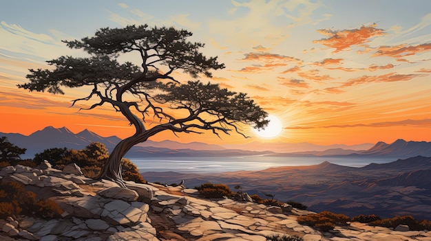 a sunset over a mountain with a tree and mountains in the background