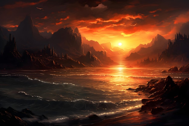 山とビーチに沈む夕日