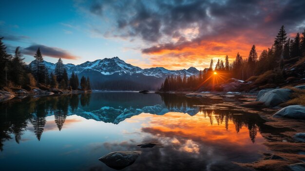 Sunset in the mountains at a calm lake A serene mountain lake at sunrise