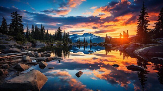 静かな湖の山の夕暮れ 晴れた山の湖の日の出