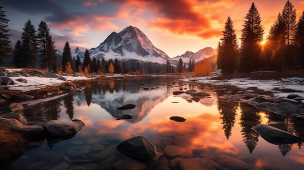 Sunset in the mountains at a calm lake A serene mountain lake at sunrise